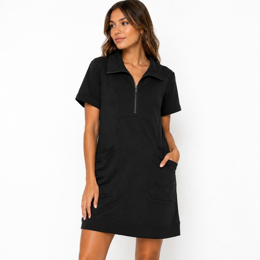 Rae Mode Black Quarter Zip Sweatshirt Dress Short Sleeve Pockets Size L